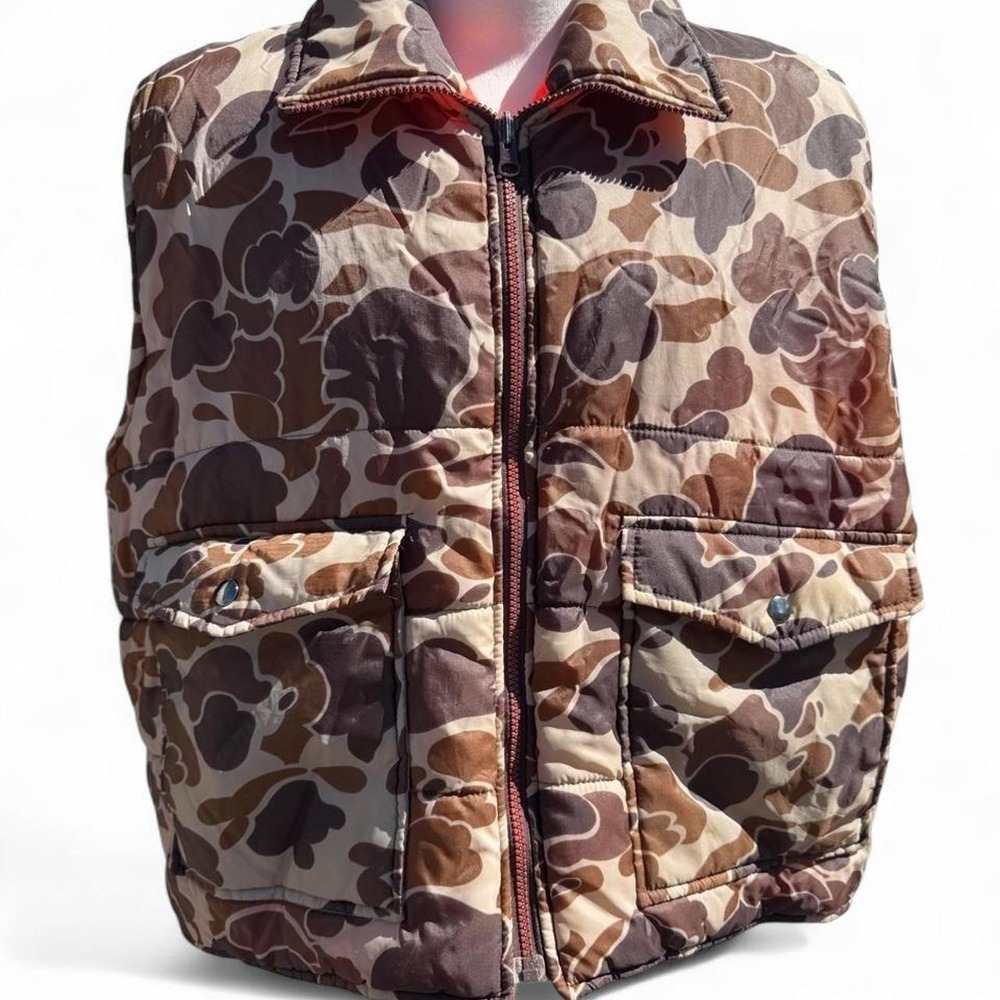Vintage Duck Bay Mens XL Reversible Hunting Vest Camo Blaze Orange Nylon Puffer
